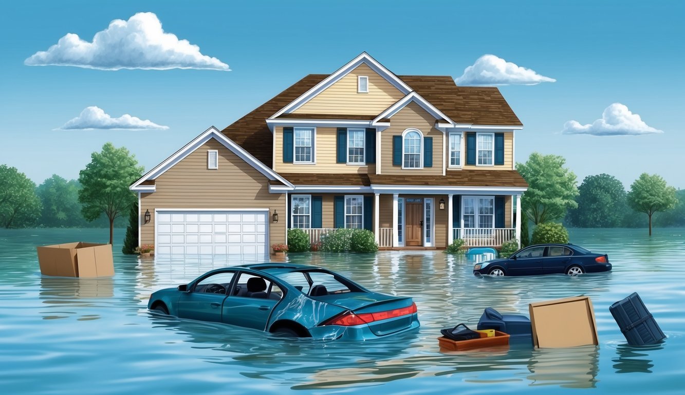 A family home surrounded by rising floodwaters, with a damaged car and belongings floating away