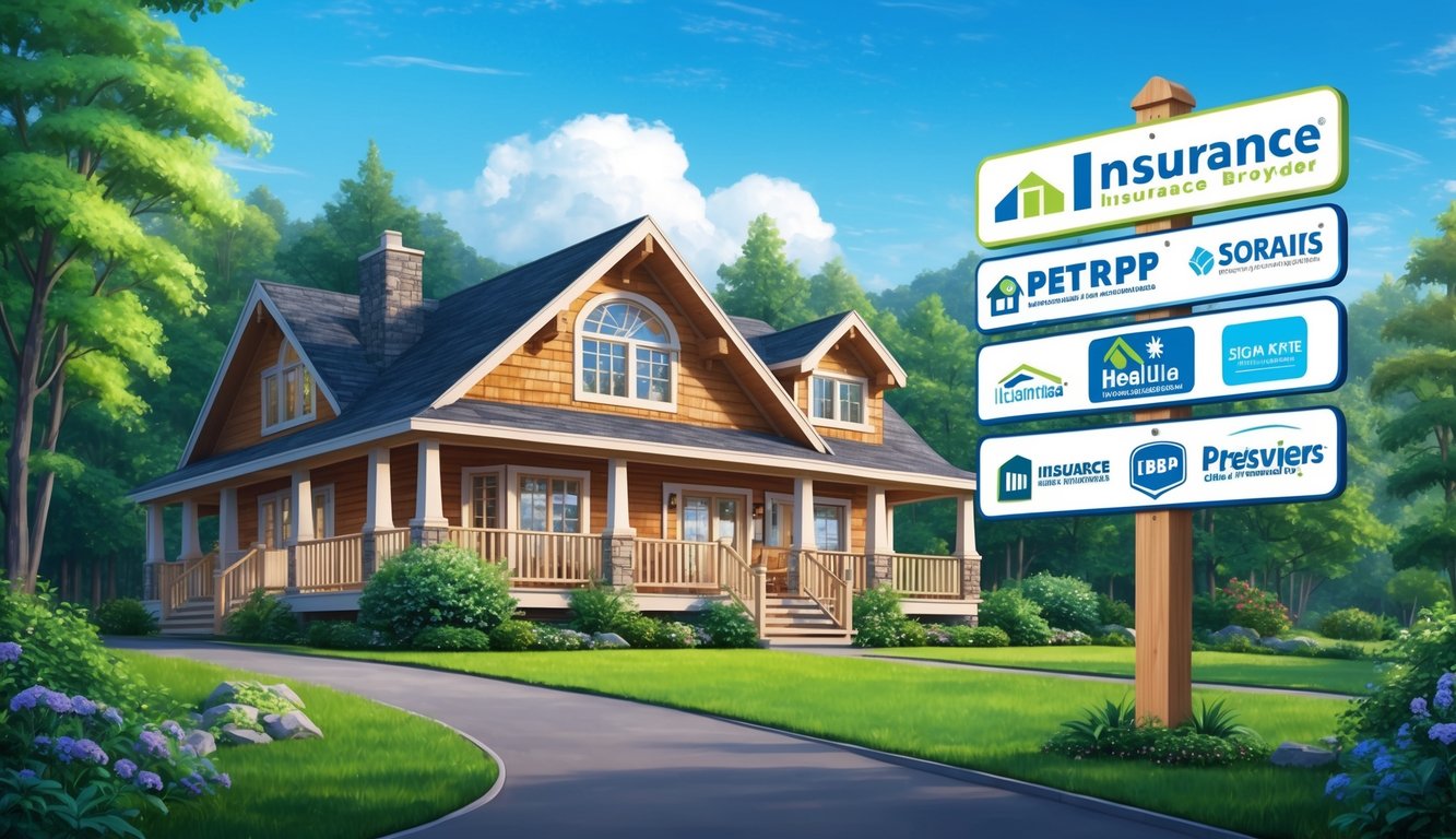 A cozy vacation home surrounded by lush greenery, with a clear blue sky overhead.</p><p>A signpost with various insurance provider logos stands in the foreground