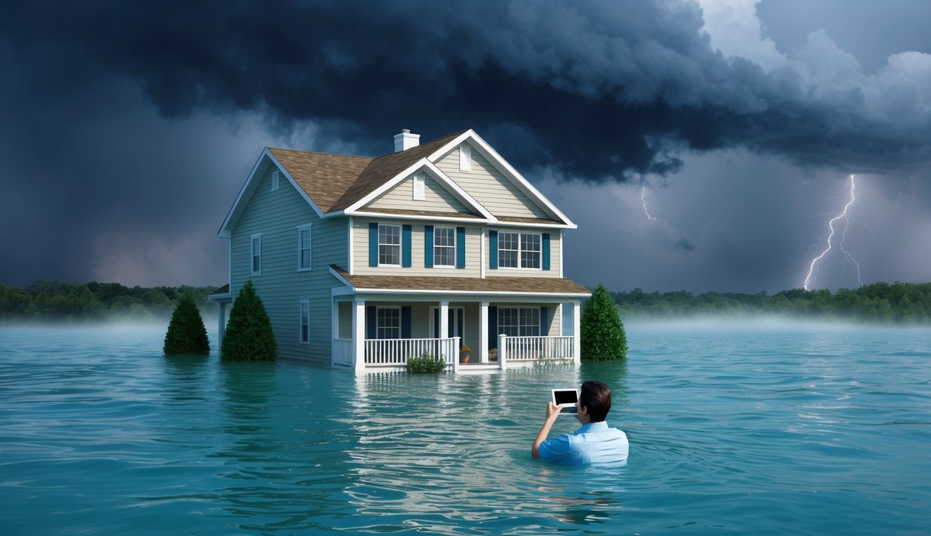 A house surrounded by rising floodwaters as a storm rages overhead, while a person frantically searches for flood insurance information online