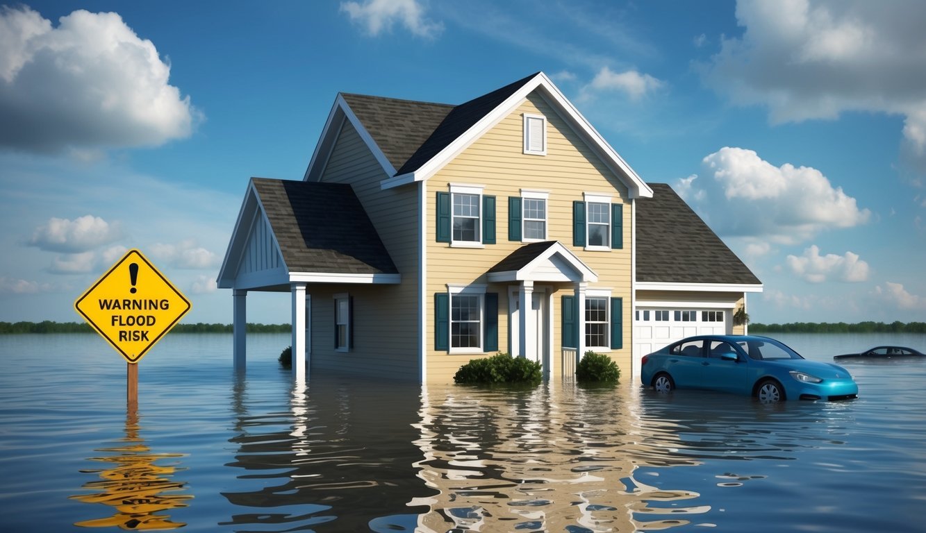 A house surrounded by rising floodwaters, with a car floating in the background and a sign warning of flood risk