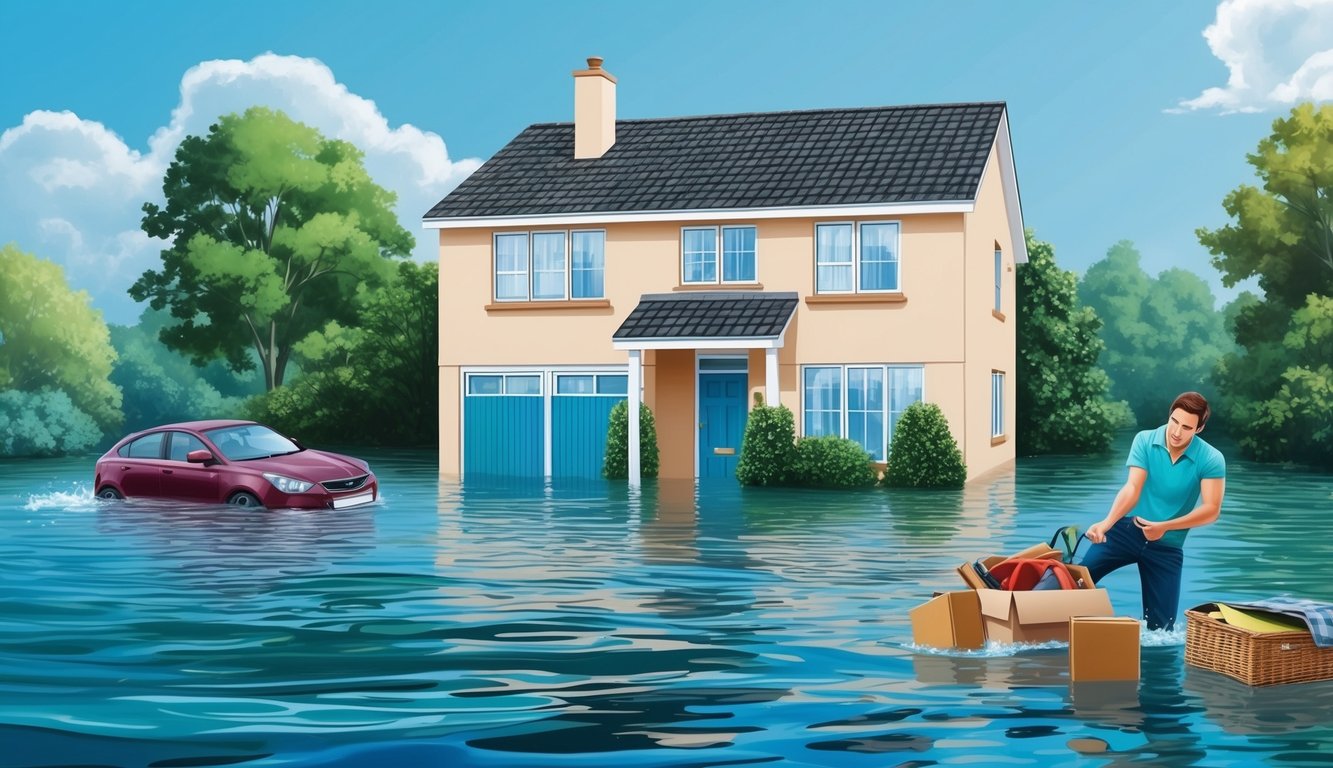 A family home surrounded by rising floodwaters, with a car floating away and a person struggling to move belongings to higher ground