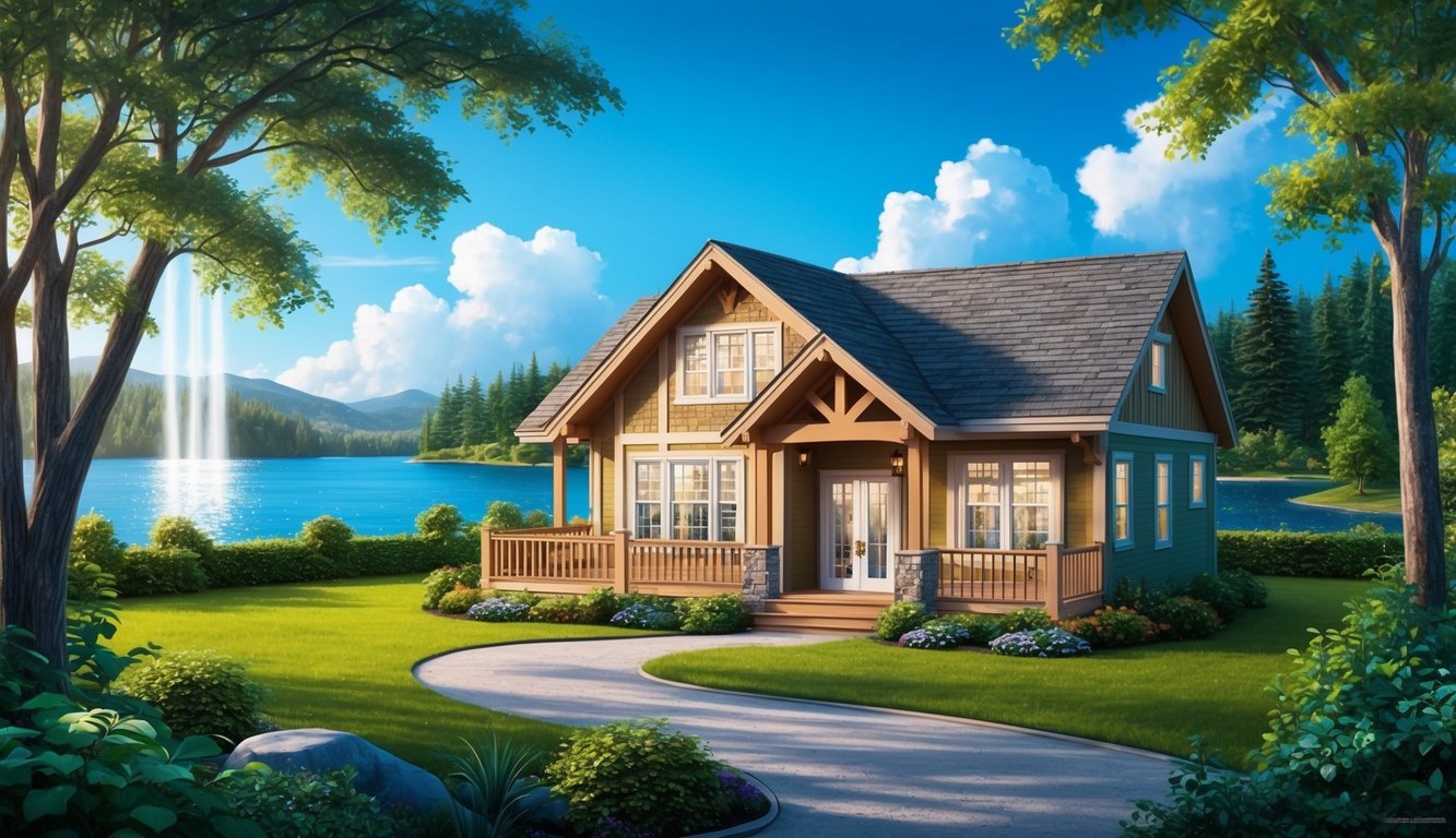 A cozy vacation home surrounded by lush greenery, with a clear blue sky and a sparkling lake in the background