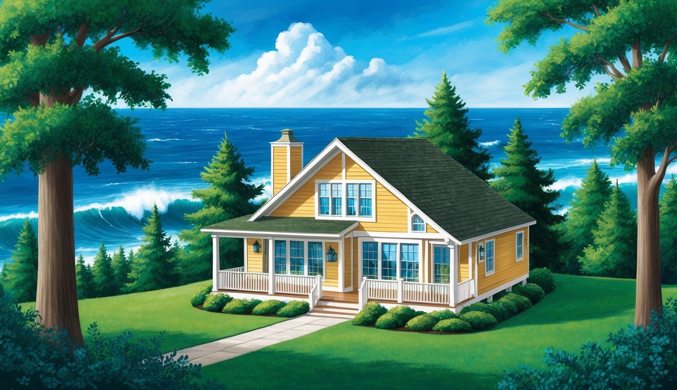 A cozy vacation home nestled among lush green trees, with a clear blue sky overhead.</p><p>A stormy ocean in the background hints at the need for natural disaster coverage