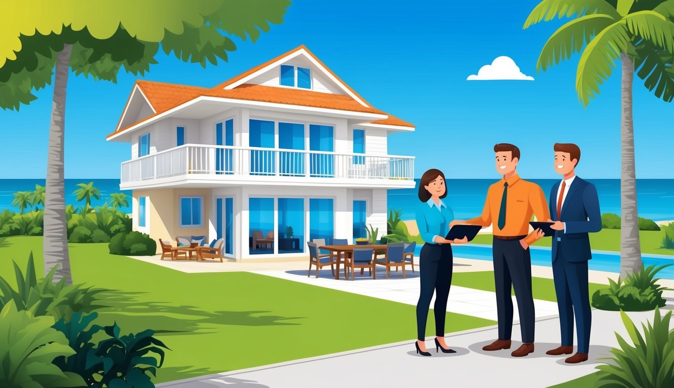 A sunny vacation home with a beachfront view, surrounded by lush greenery and a clear blue sky.</p><p>A friendly customer service representative assists a family with choosing the best insurance plan