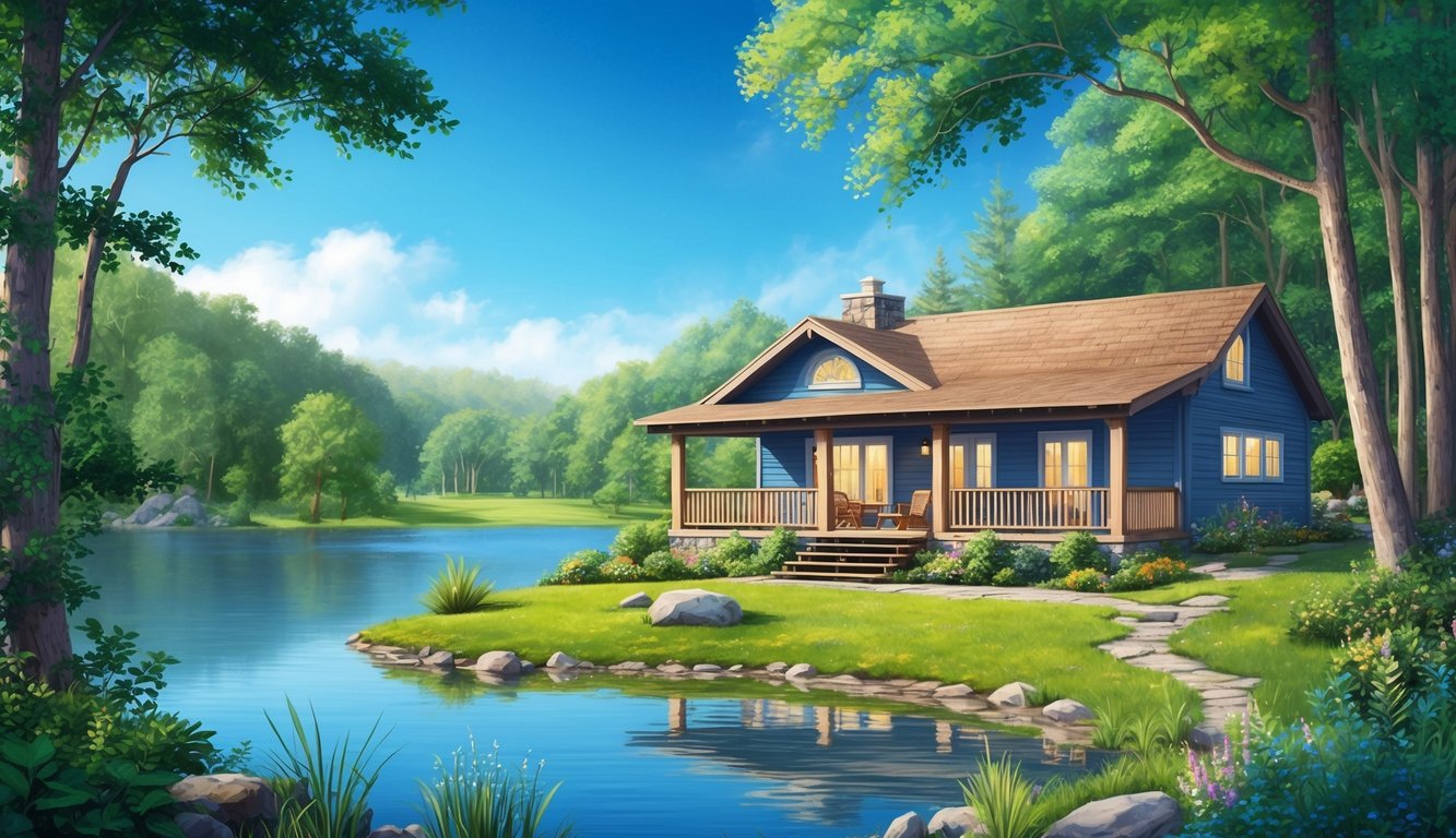 A cozy vacation home nestled in a serene natural setting, surrounded by lush greenery and a tranquil lake, with a clear blue sky overhead