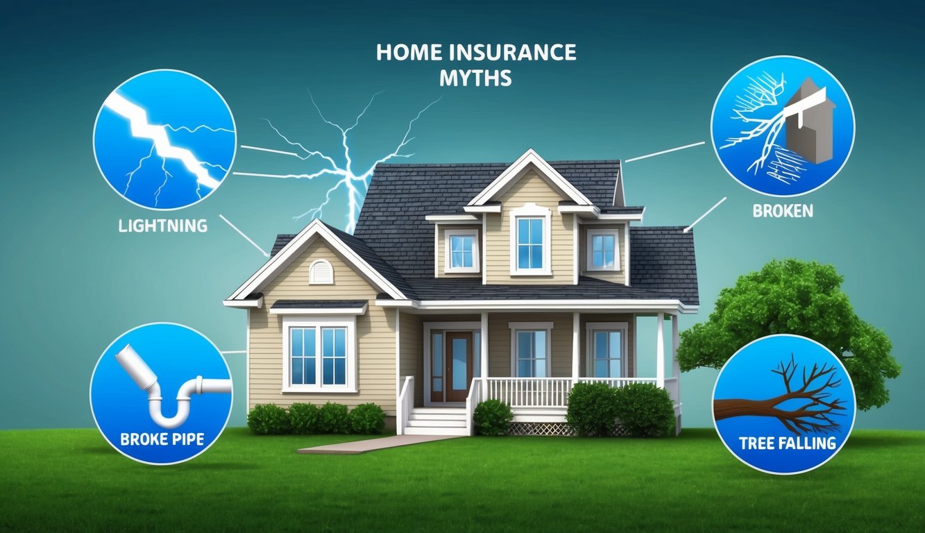 Home insurance myths graphic with house, lightning, broken pipe, tree falling