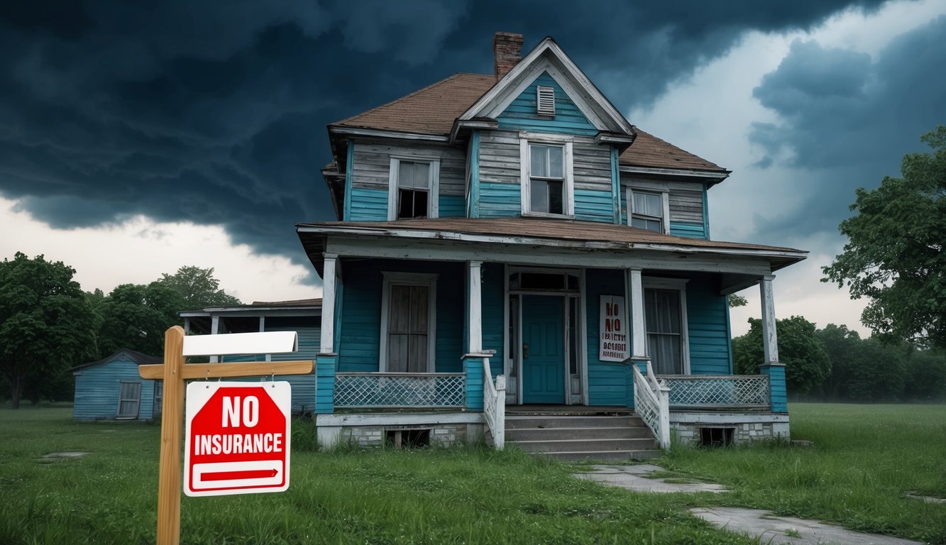 An old, decrepit house with a "no insurance" sign on the front door.</p><p>A stormy sky looms overhead, emphasizing the vulnerability of the property