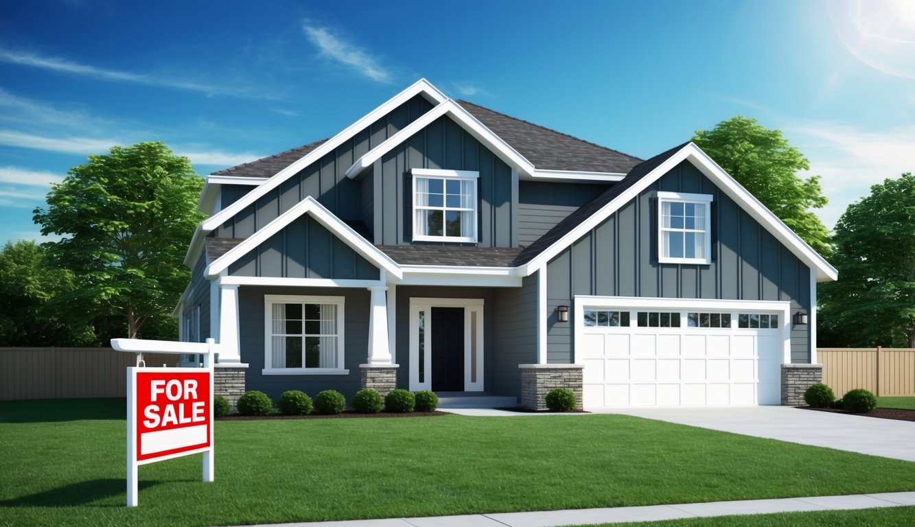 A new, modern home with a "For Sale" sign out front, surrounded by a neatly manicured lawn and a clear blue sky overhead