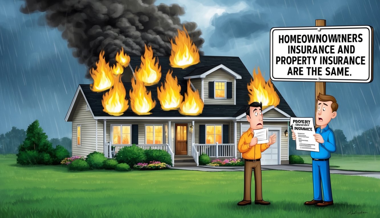 A house engulfed in flames while a storm rages outside, with a confused homeowner holding a property insurance policy and a sign reading "Homeowners Insurance and Property Insurance Are the Same."