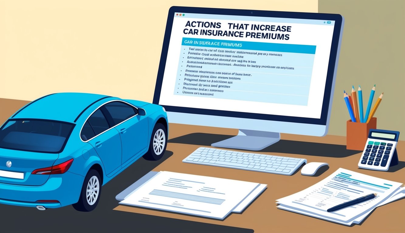 Blue car next to computer screen with car insurance premium information