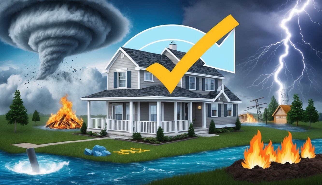 A house surrounded by various natural disasters such as a tornado, earthquake, flood, wildfire, and lightning, with a large checkmark over the scene