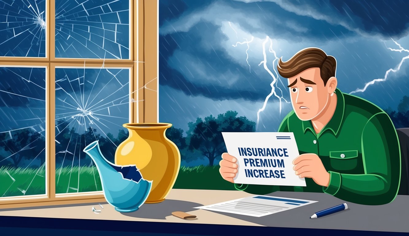 A broken vase sits next to a cracked window, while a storm rages outside.</p><p>The homeowner looks worried as they receive a letter with the words "Insurance Premium Increase" in bold letters