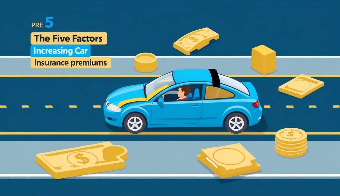 A car driving down a road with the driver not wearing a seatbelt, surrounded by various objects that represent the five factors increasing car insurance premiums