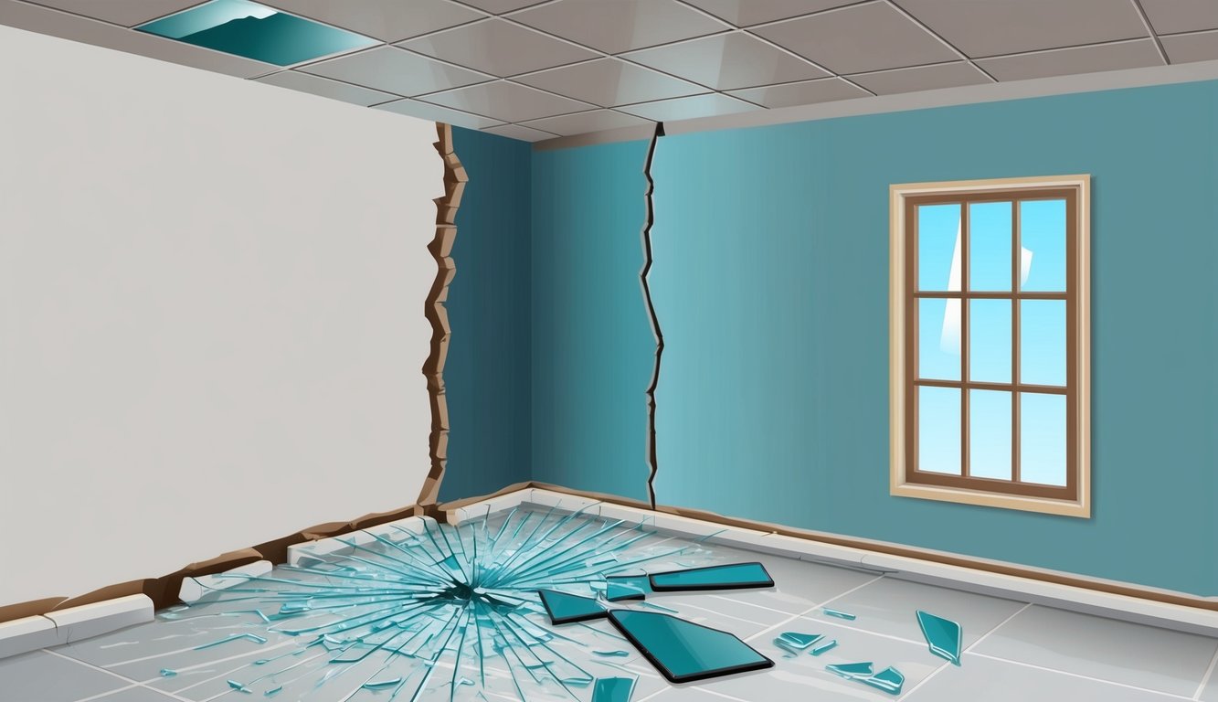 A cracked foundation with a visible crack running along the wall, water damage on the ceiling, and a broken window with shattered glass on the floor