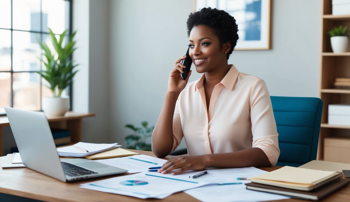 A person sitting at a desk, surrounded by paperwork and a laptop, while speaking with an insurance agent on the phone