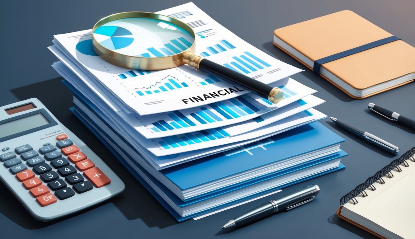 A stack of financial reports and charts with a magnifying glass on top, surrounded by a calculator, pen, and notebook