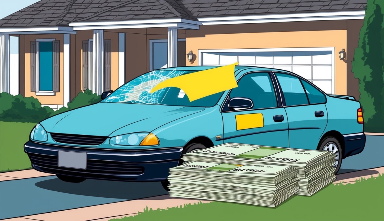 A car parked in front of a house with a cracked windshield, dented bumper, and expired registration sticker.</p><p>A stack of unpaid bills on the kitchen table