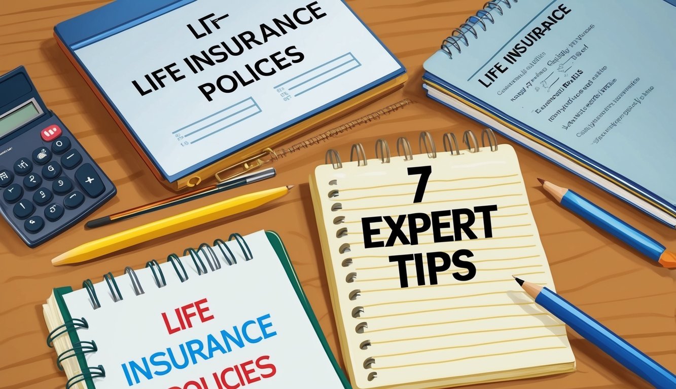 A desk with various types of life insurance policies, a calculator, and a notepad with "7 Expert Tips" written on it