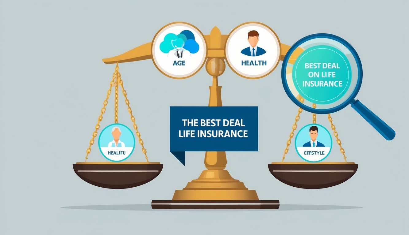 A scale balancing various factors like age, health, occupation, and lifestyle, with a magnifying glass highlighting the best deal on life insurance