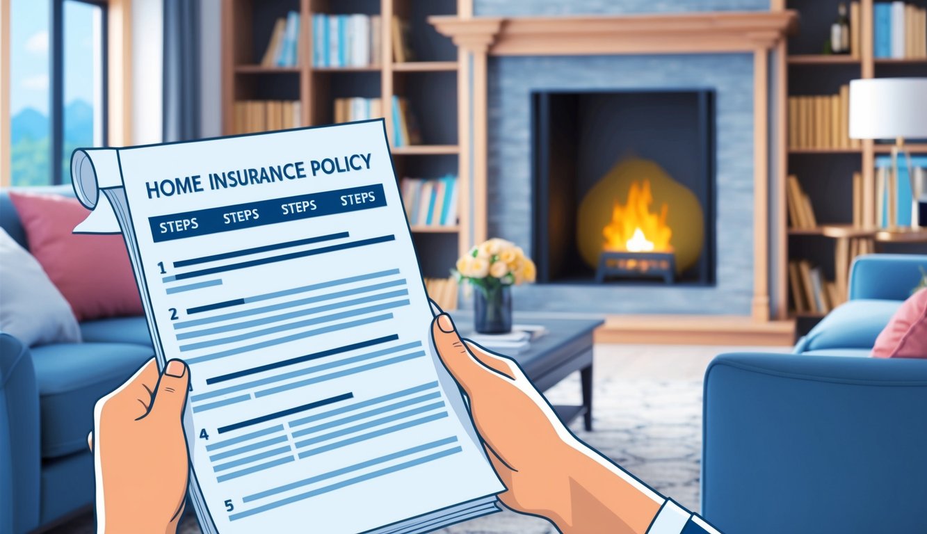 A person reading through a detailed home insurance policy document with five steps outlined, surrounded by a cozy living room setting with a fireplace and bookshelves