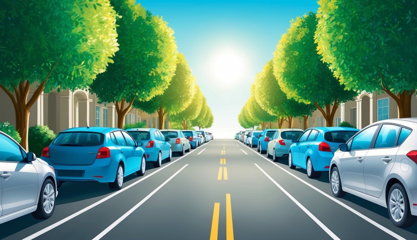 A serene, sunlit street with a row of parked cars, surrounded by lush green trees and a clear blue sky, conveying a sense of safety and security