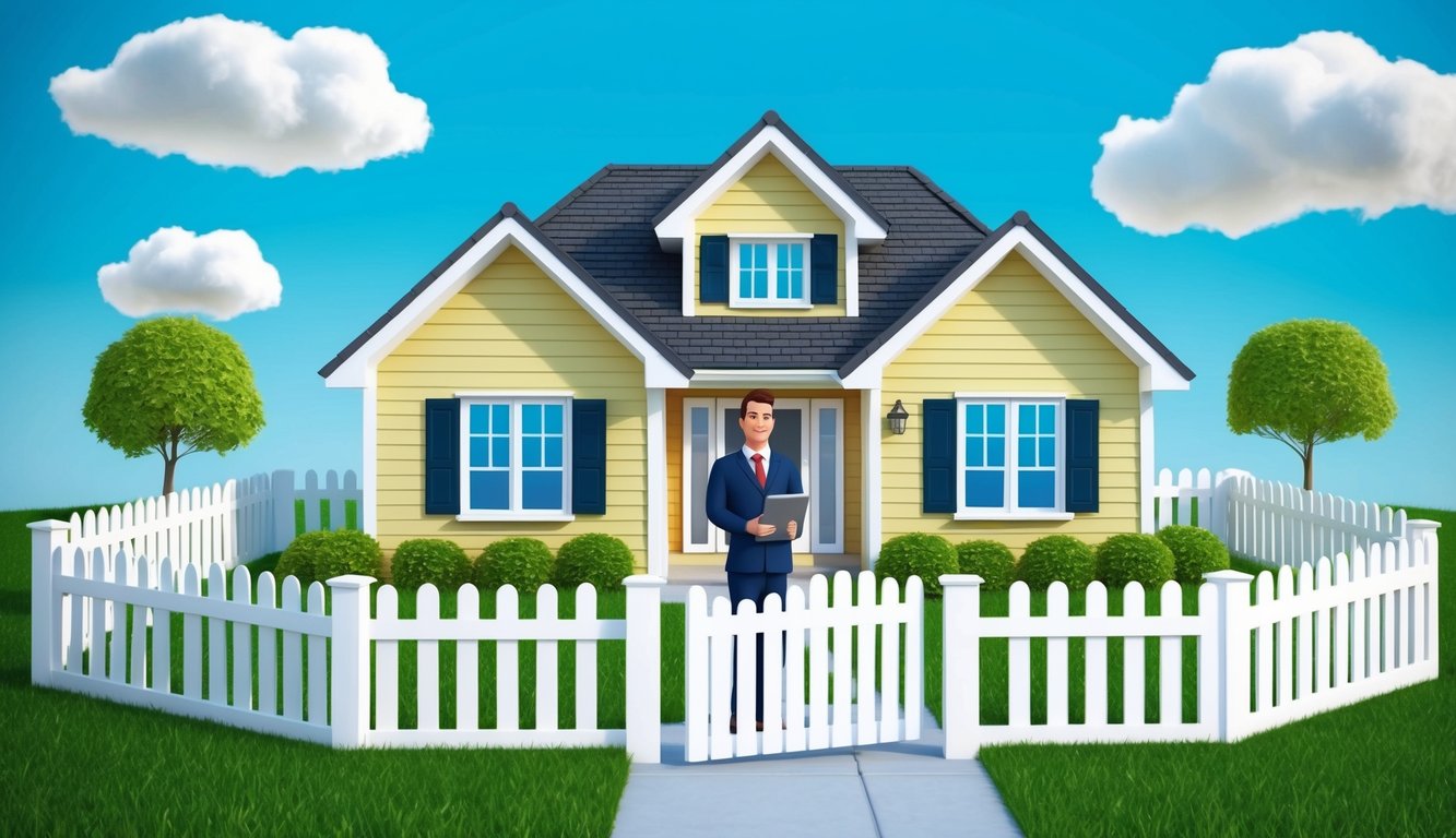 A cozy home surrounded by a picket fence, with a bright blue sky and fluffy white clouds overhead.</p><p>A friendly insurance agent stands at the front door, holding a folder of paperwork