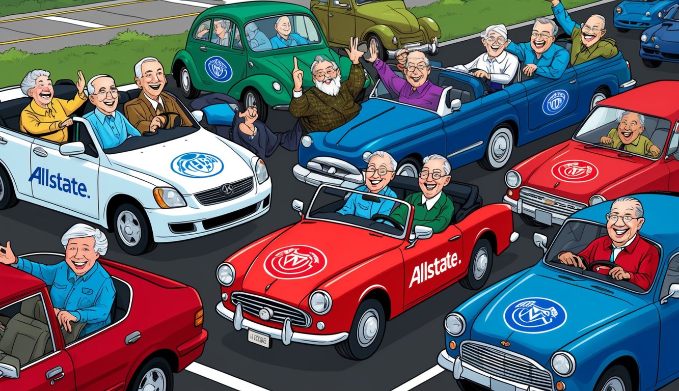 A group of happy seniors driving in various cars, with the Allstate logo prominently displayed on each vehicle