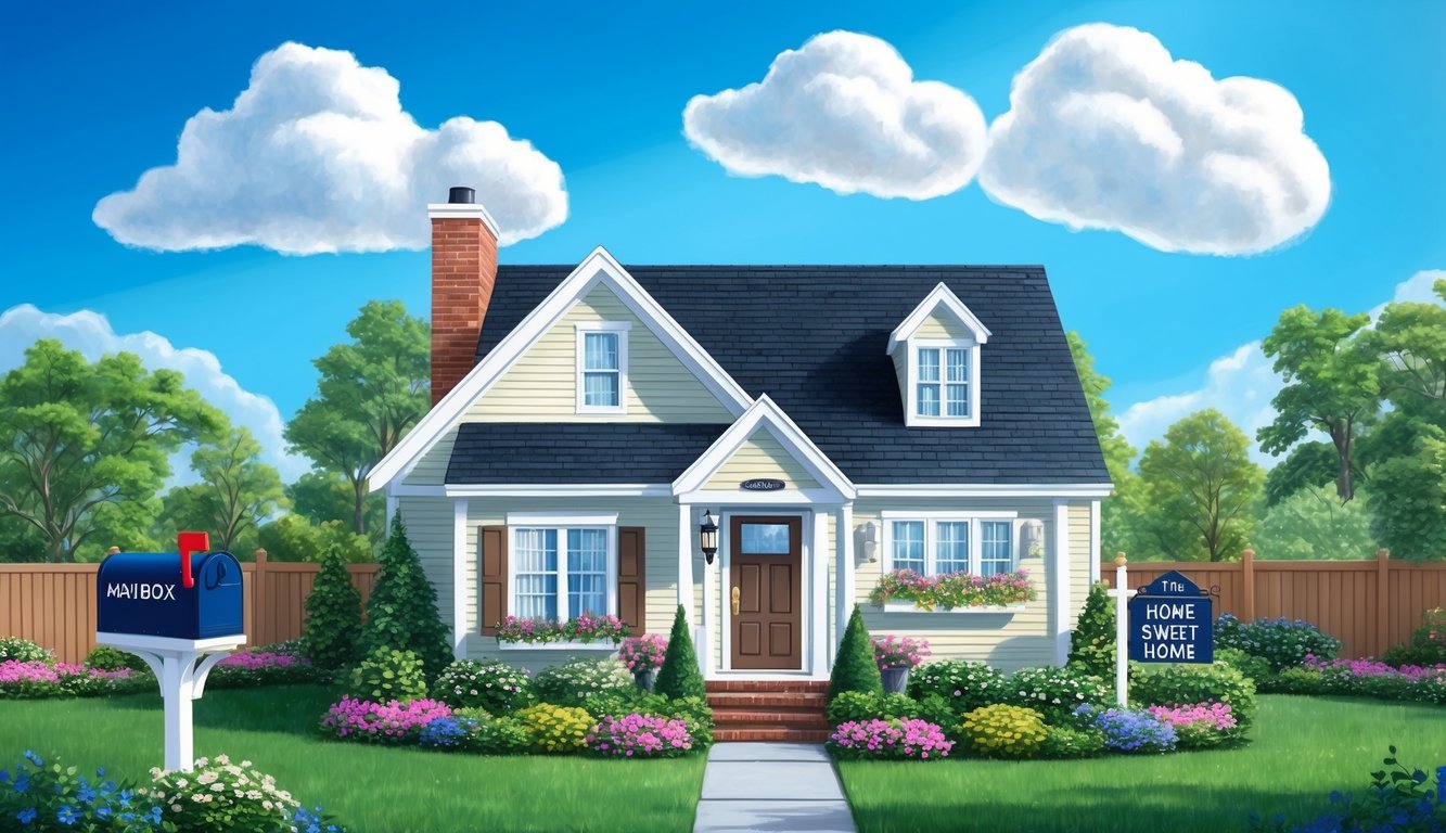 A cozy home surrounded by a lush garden, with a bright blue sky and fluffy white clouds overhead.</p><p>A mailbox and a "Home Sweet Home" sign are visible near the front door