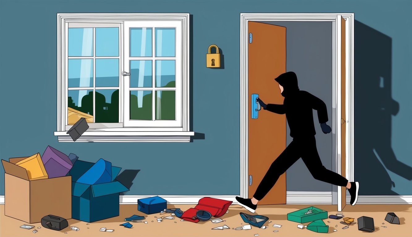 A staged home theft: an open window, broken lock, and scattered belongings, with a shadowy figure fleeing the scene