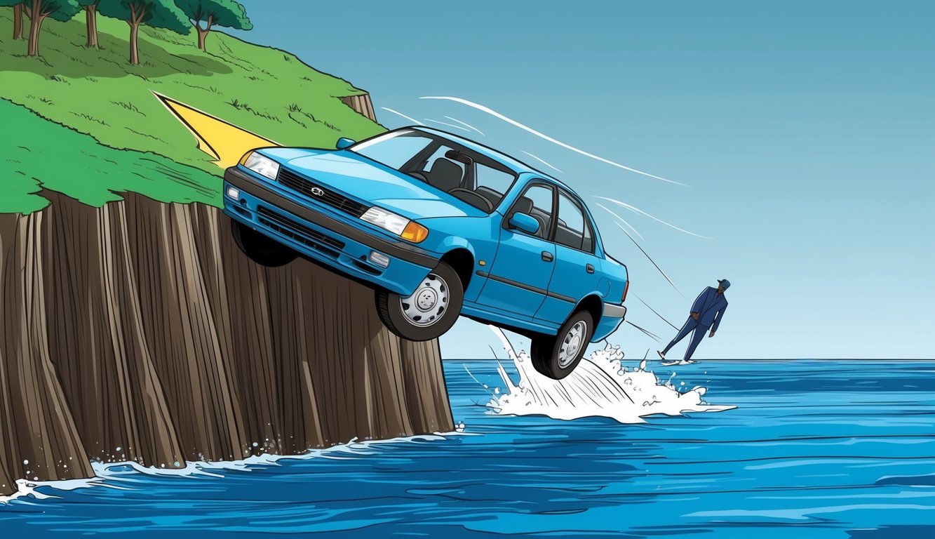 A car being pushed off a cliff into a body of water, with a shady figure watching from a distance