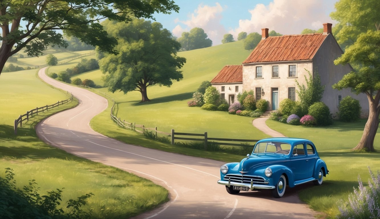 A serene countryside with a winding road, an old farmhouse, and a vintage car parked in the driveway