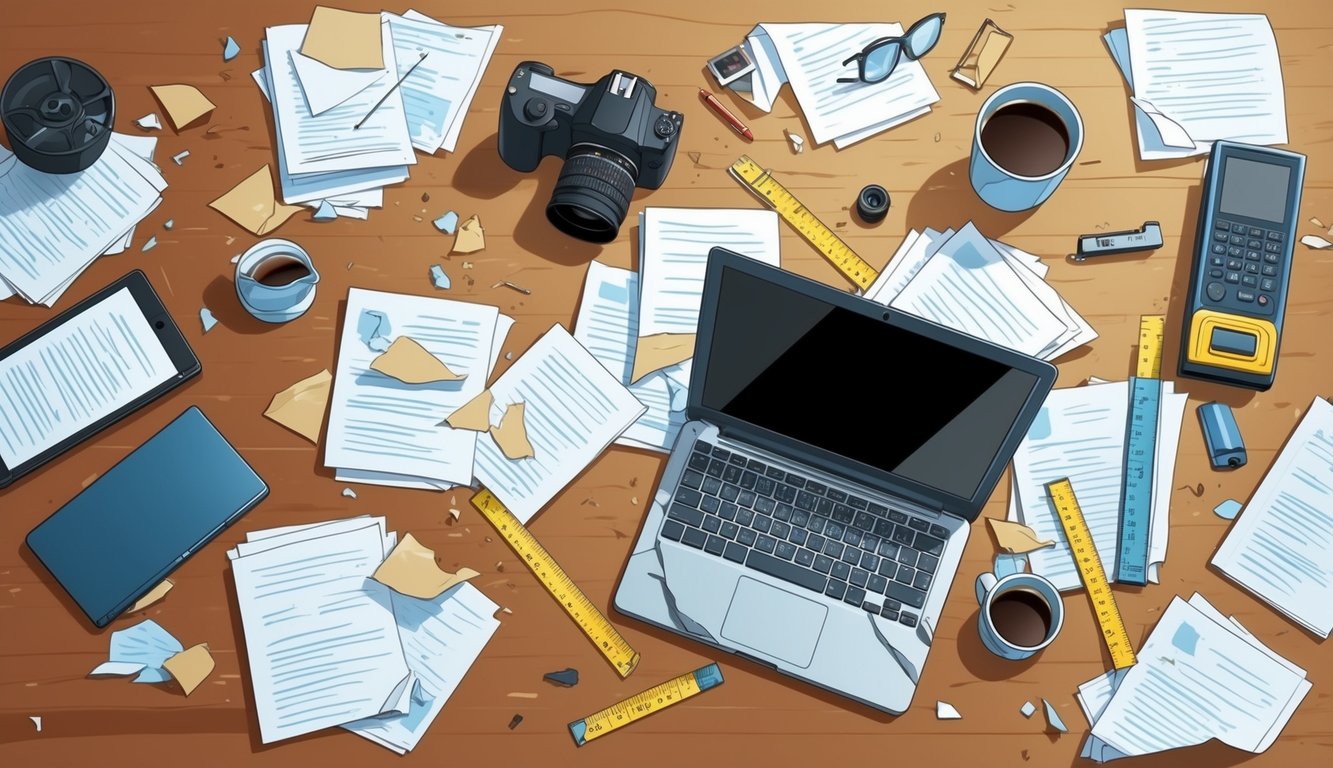 A cluttered desk with scattered papers, a broken laptop, and spilled coffee.</p><p>A camera and measuring tape document the damage