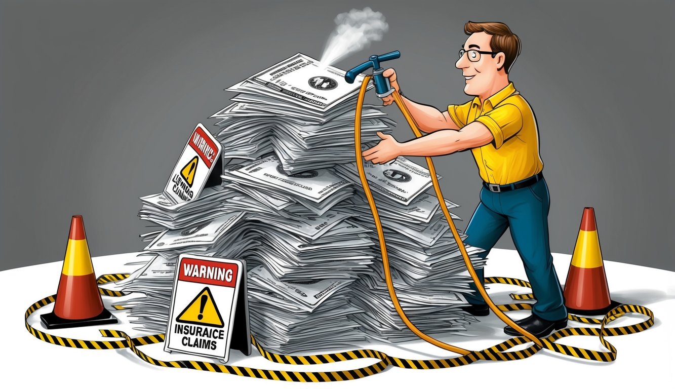 A cartoonish figure inflating a pile of exaggerated insurance claims with a pump, surrounded by warning signs and caution tape