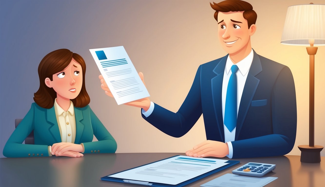 An insurance agent handing over a document to a customer, with a sly smile on their face.</p><p>The customer looks confused and unsure