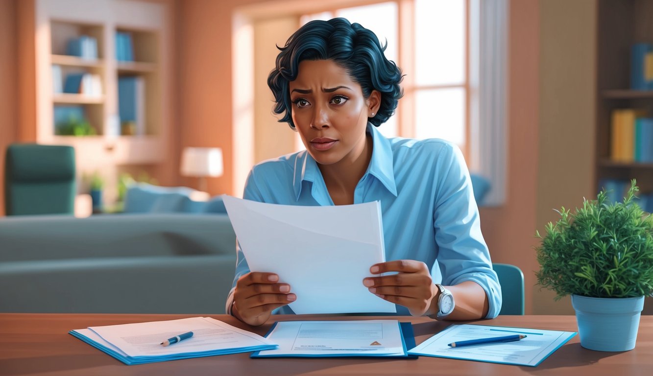 A person reviewing insurance documents and looking concerned after receiving a claim