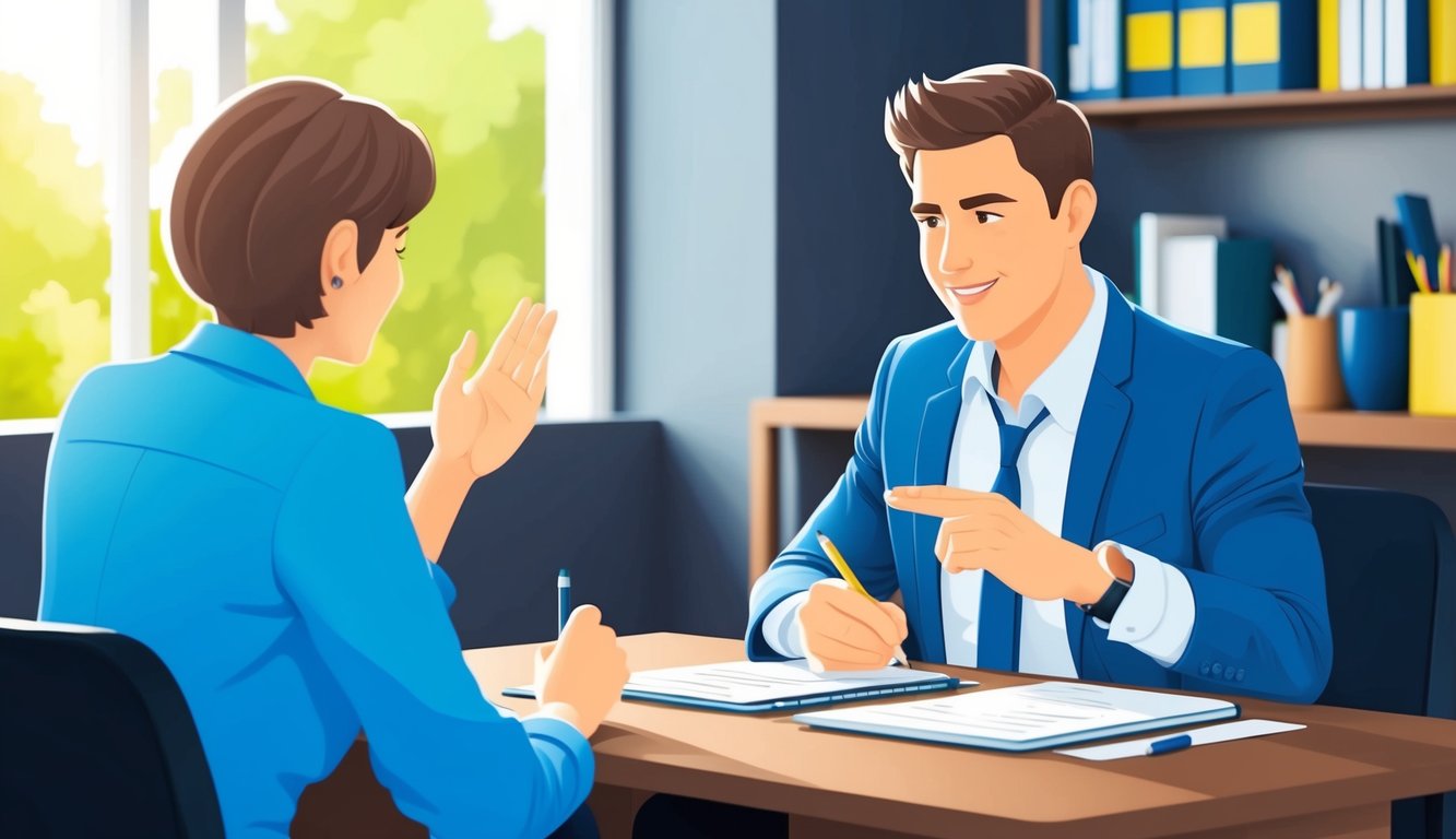 A person and an insurance agent sitting at a table, engaged in a conversation.</p><p>The agent is nodding and taking notes while the person gestures and explains their situation