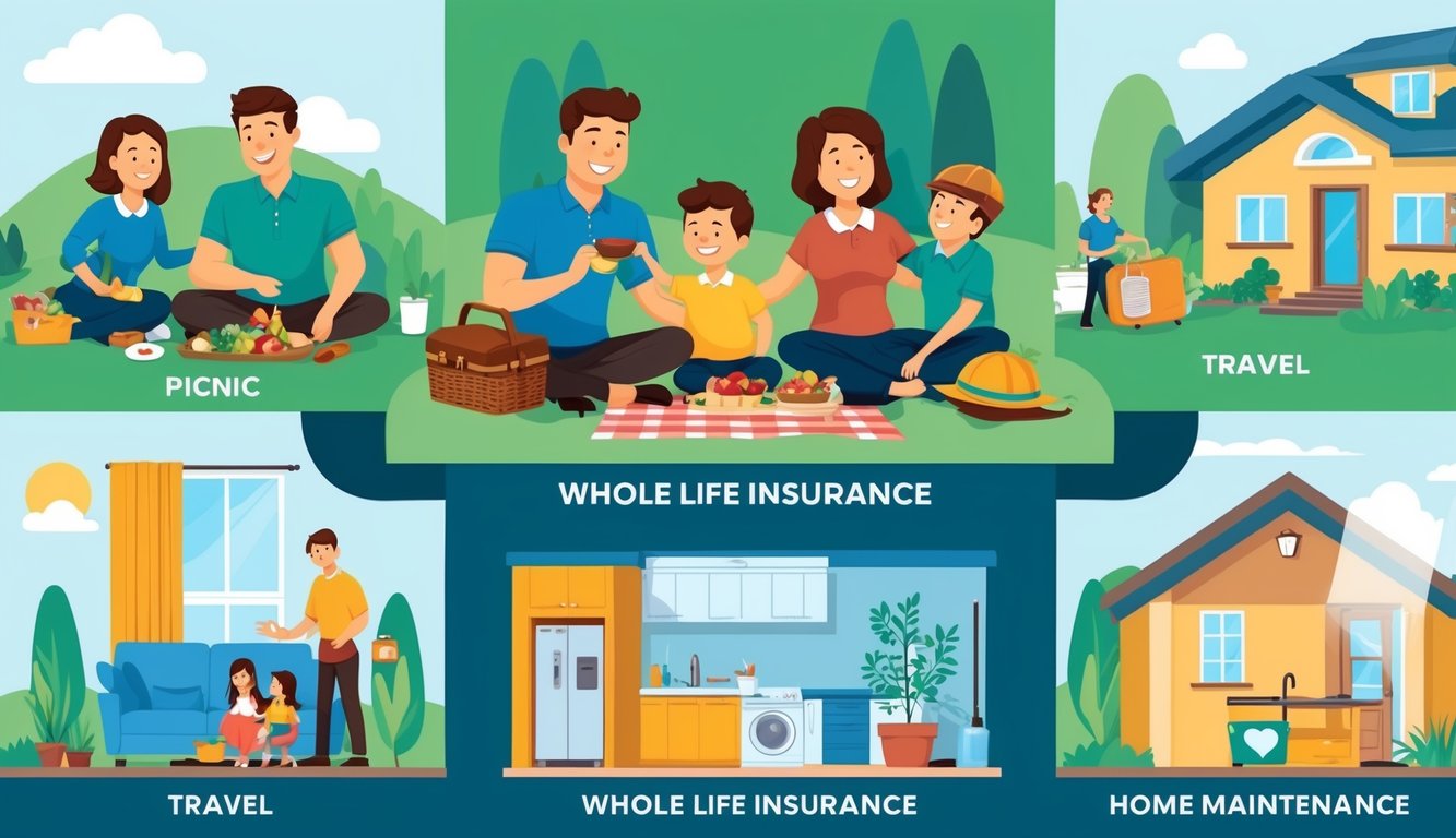 Family life scenes illustrating picnic, travel, home, and insurance concepts