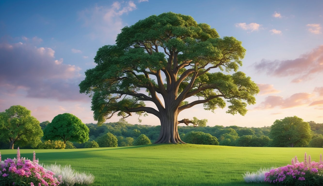 A serene landscape with a majestic oak tree, surrounded by lush greenery and vibrant flowers, symbolizing the security and stability of whole life insurance