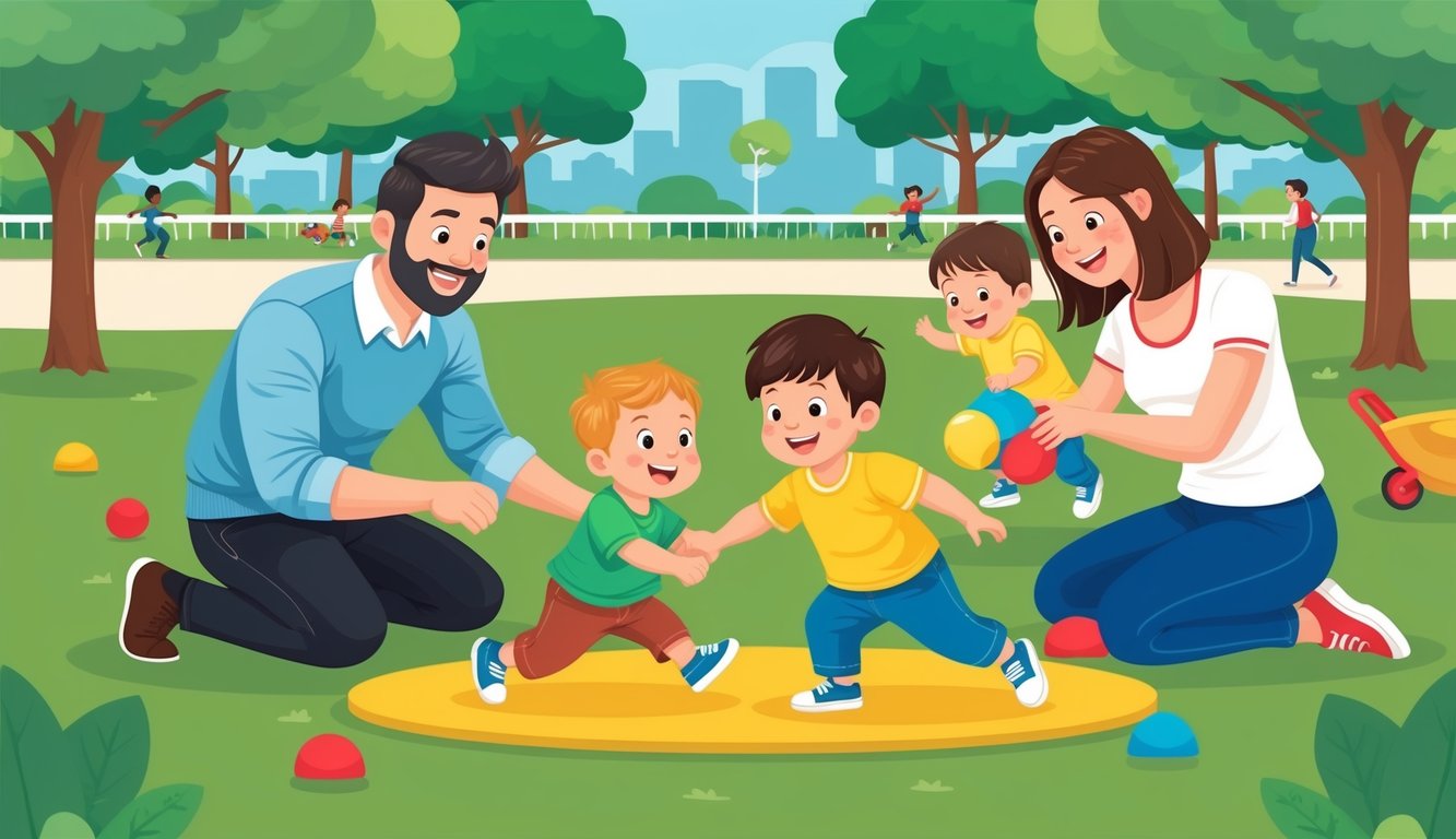 Family playing in a park with children, balls, and a wheelbarrow