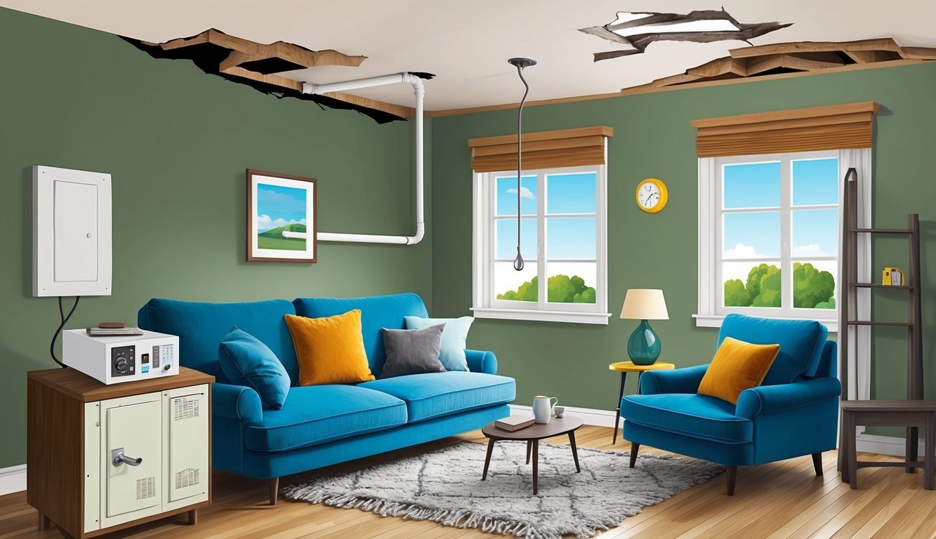 Living room with damaged ceiling, blue furniture, and a medical device