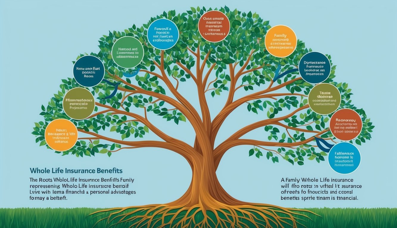 A family tree with roots representing whole life insurance benefits branching out into various financial and personal advantages