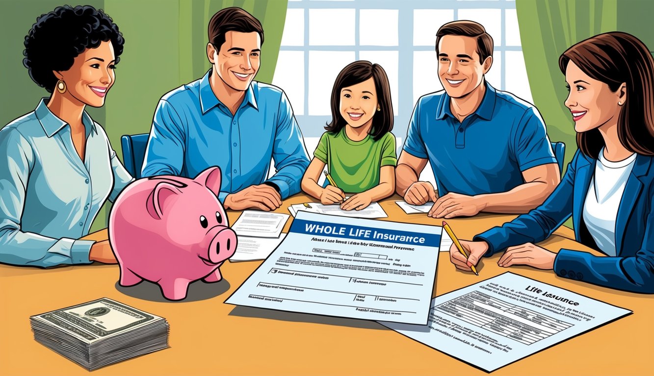 A family sitting around a table, with a piggy bank and a life insurance policy on the table, representing the long-term benefits of whole life insurance