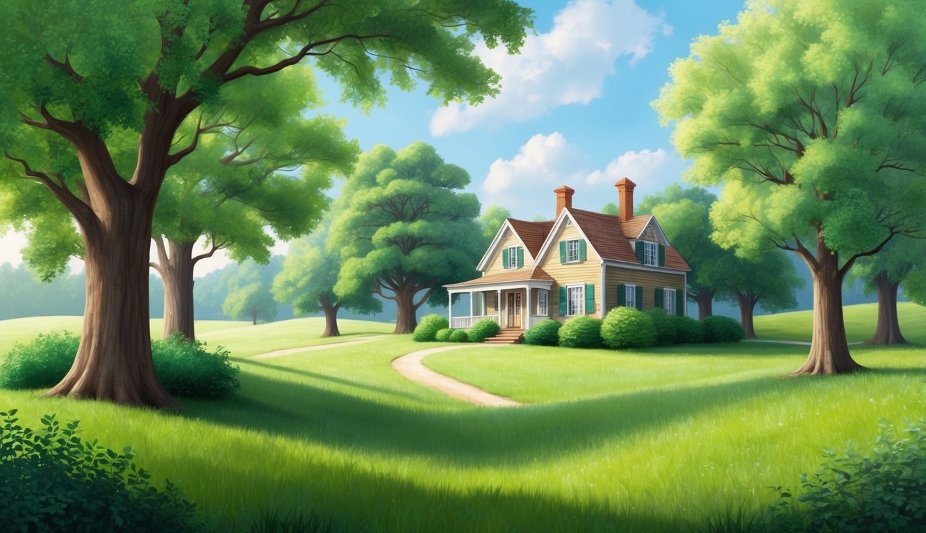 A serene, idyllic countryside with a charming old-fashioned house nestled among lush green trees, symbolizing the long-term security and stability of whole life insurance