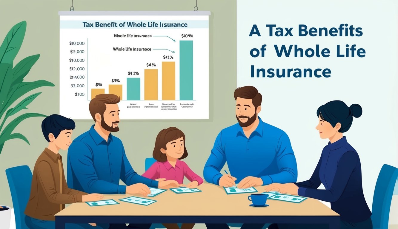 A family sits around a table, discussing finances.</p><p>A chart shows the tax benefits of whole life insurance.</p><p>A sense of security and stability is depicted