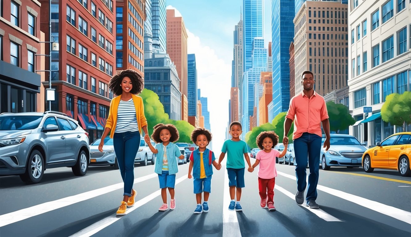 A bustling New York City street with skyscrapers in the background, a family with young children walking confidently, and a sense of security and stability in the air