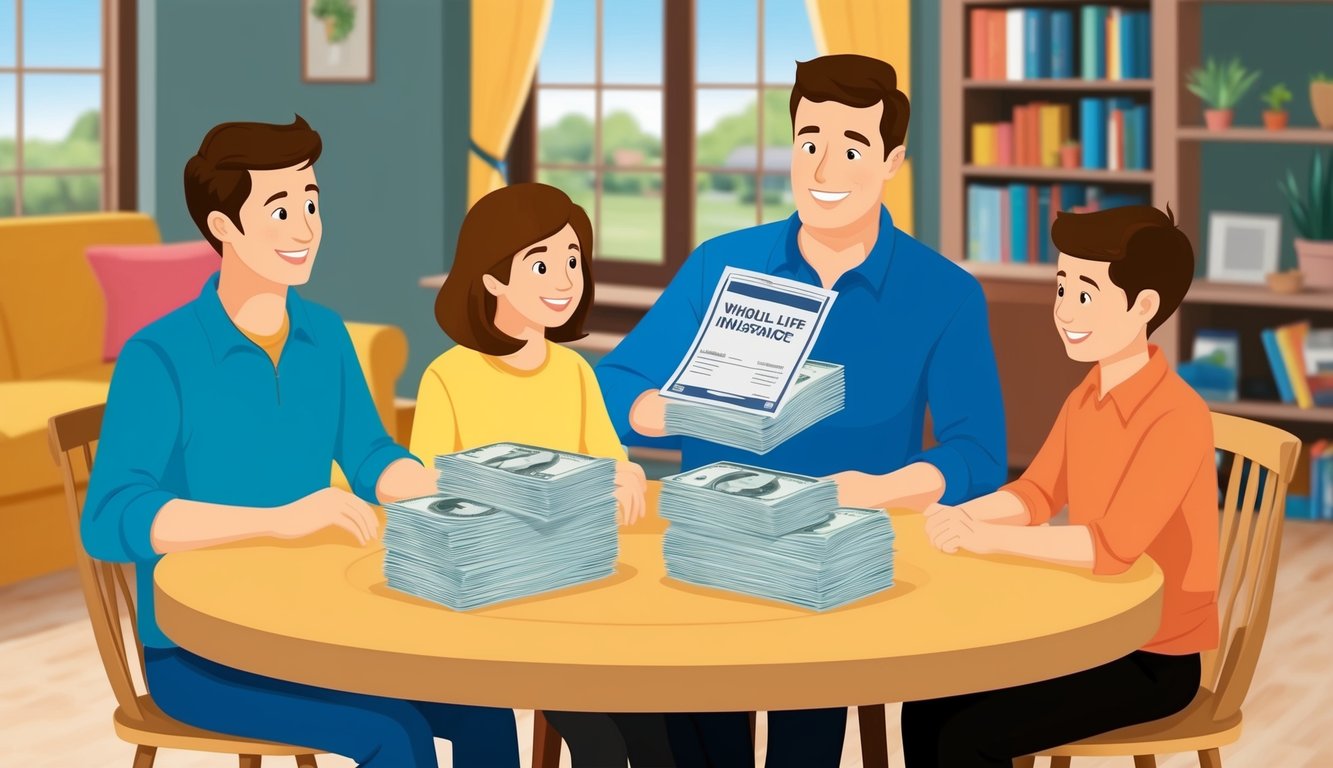 A family sits around a table, surrounded by a cozy home.</p><p>A stack of bills is replaced by a whole life insurance policy, symbolizing financial stability and flexibility