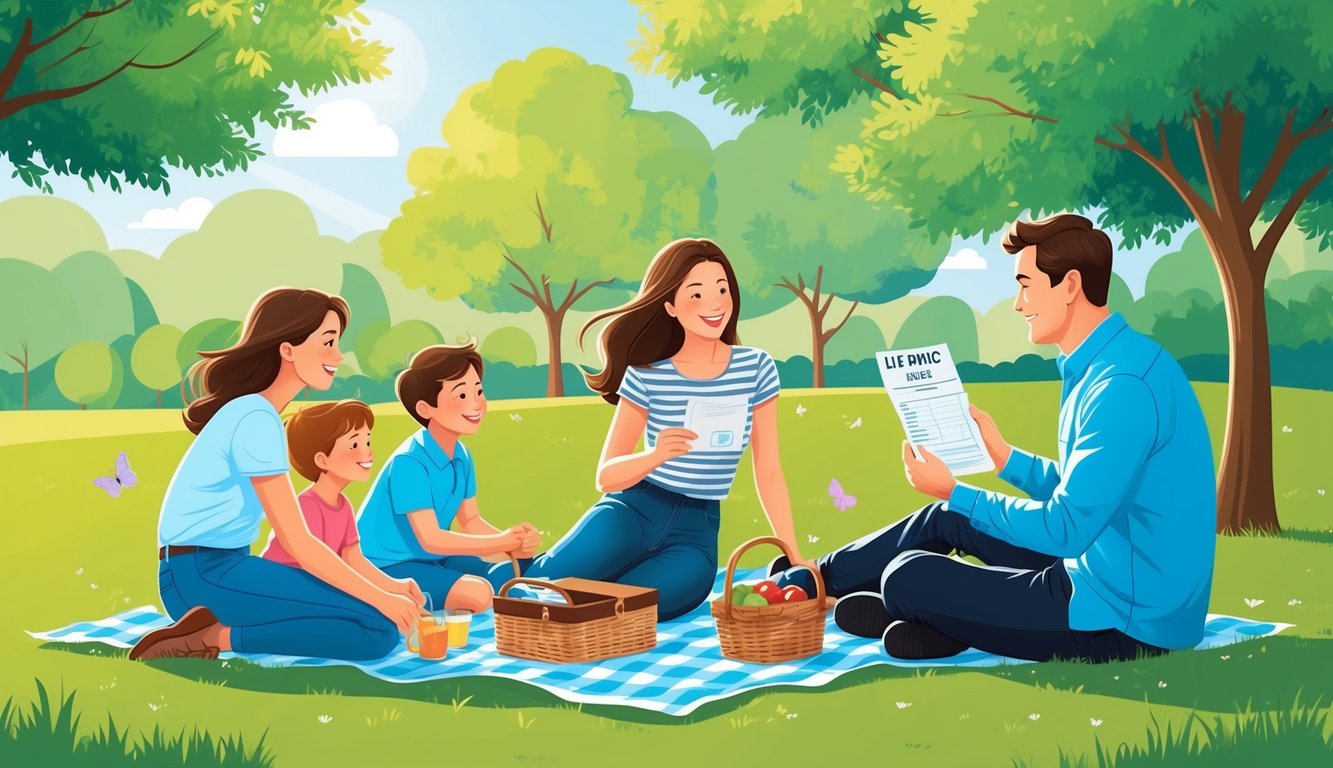 A family of four enjoys a picnic in a sunny park, surrounded by lush green trees and a gentle breeze.</p><p>A parent holds a life insurance policy while watching their children play