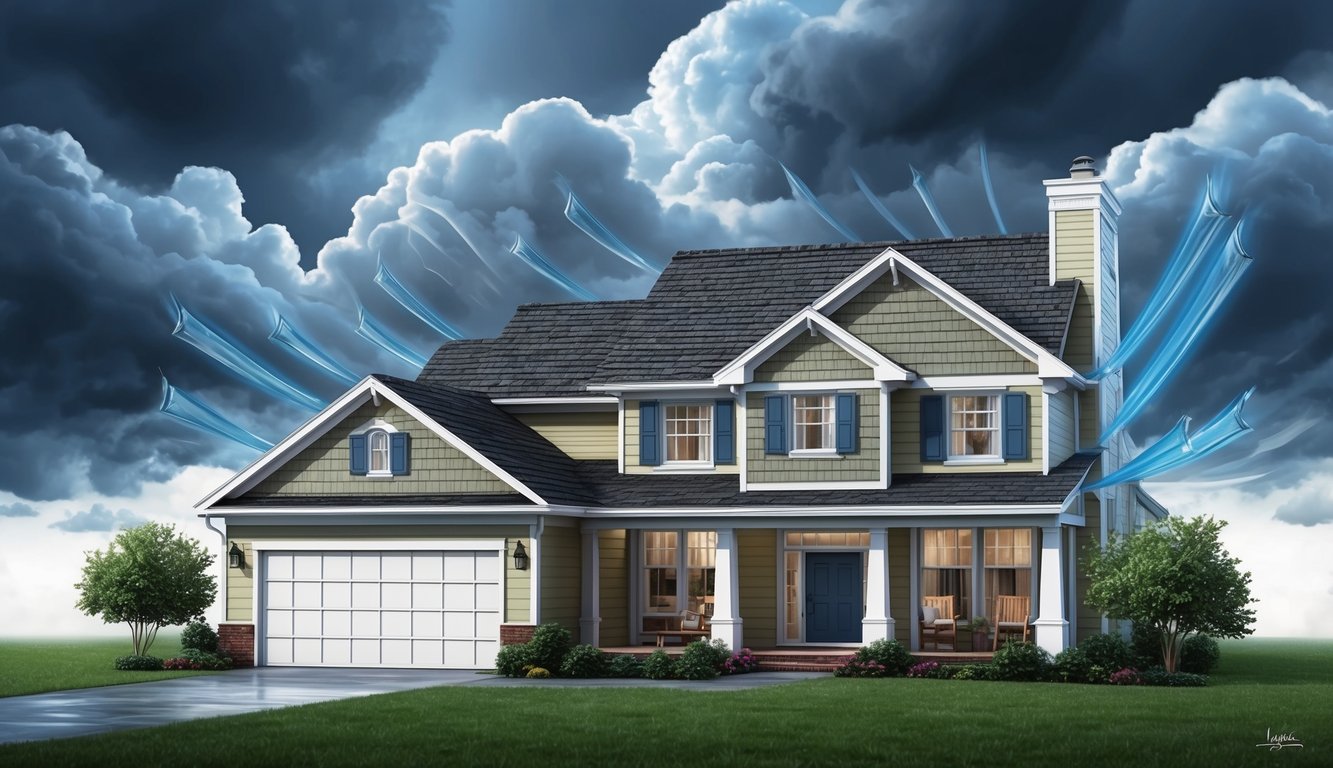 A suburban home surrounded by storm clouds, with a sturdy roof and protective barriers, while valuables are safeguarded inside