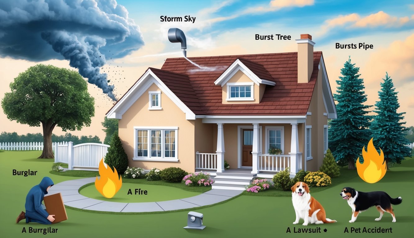 A cozy home surrounded by potential risks: a stormy sky, a fallen tree, a burst pipe, a burglar, a fire, a lawsuit, and a pet accident