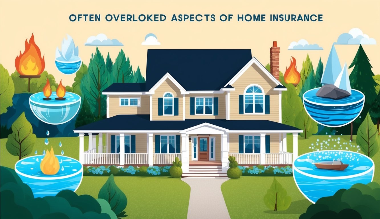 A cozy home surrounded by various elements such as fire, water, and natural disasters, with a focus on often overlooked aspects of home insurance